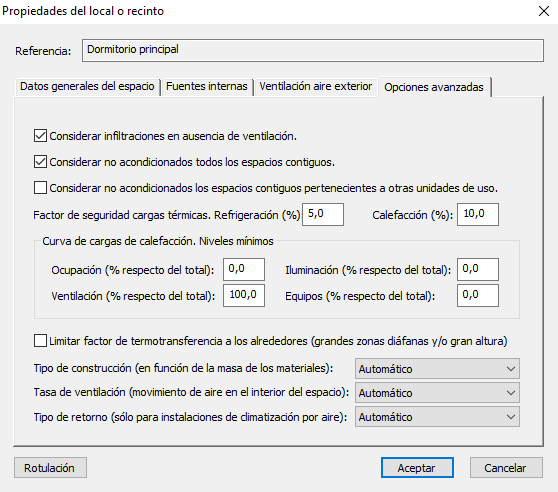 Opciones avanzadas Espacio