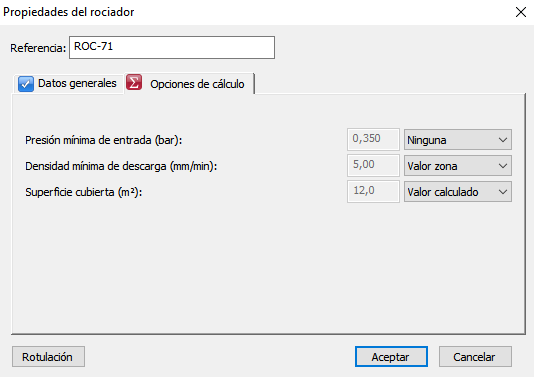 Opciones de cálculo rociadores