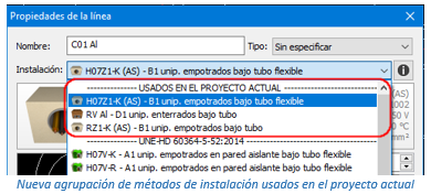 Nueva agrupación de métodos de instalación usados en el proyecto actual