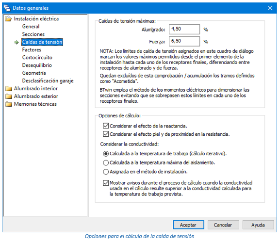 Opciones de cálculo para la caída de tensión