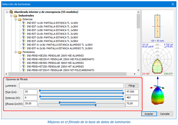 Filtros dinámicos en la base de datos de luminarias