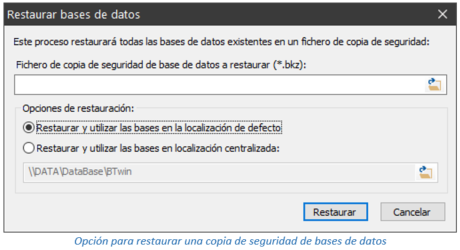 Opción para restaurar una copia de seguridad de bases de datos