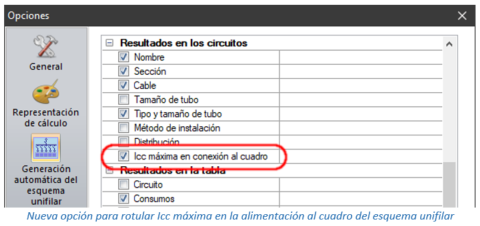 Nueva opción para rotular Icc máxima en la alimentación al cuadro del esquema unifilar