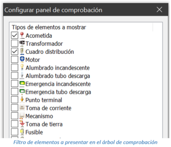 Filtro de elementos a presentar en el árbol de comprobación