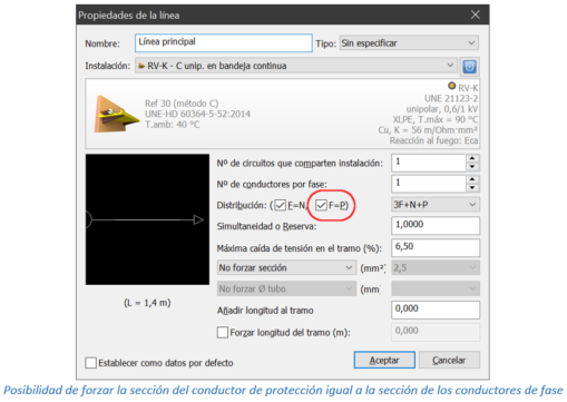 Posibilidad de forzar la sección del conductor de protección igual a la sección de los conductores de fase