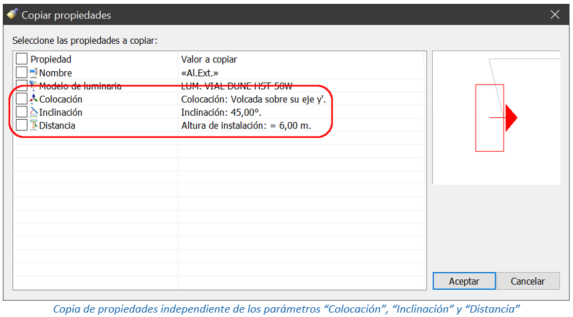 Copia de propiedades independiente de los parámetros “Colocación”, “Inclinación” y “Distancia”