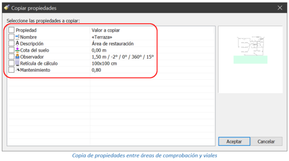 Copia de propiedades entre áreas de comprobación y viales