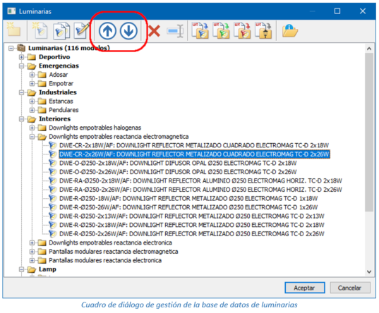 Cuadro de diálogo de gestión de la base de datos de luminarias