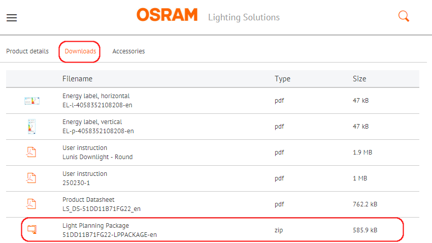 Descarga de fotometrías de Osram