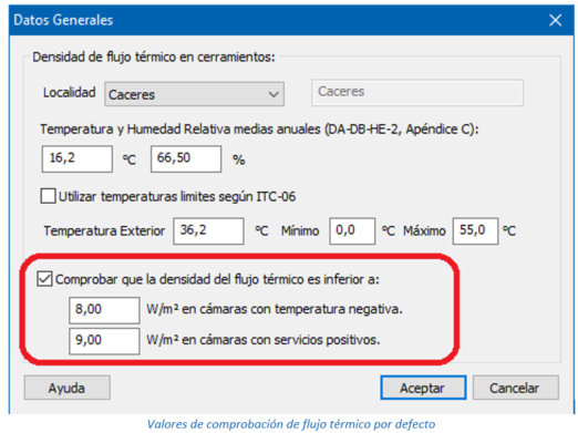 Valores de comprobación de flujo térmico por defecto