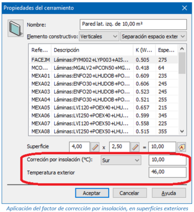 Aplicación del factor de corrección por insolación, en superficies exteriores