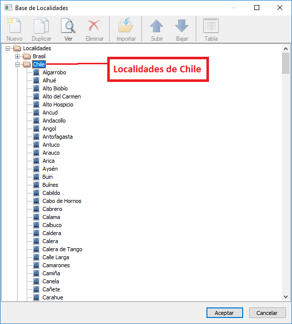 Datos de las localidades de Chile