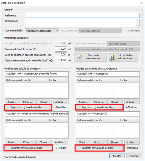 Botones para la importación de conjuntos de medidas