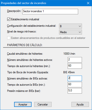 Propiedades del sector de incendios