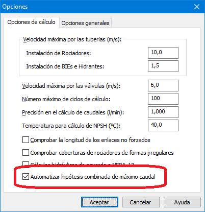 Opciones de cálculo Hipótesis combinada