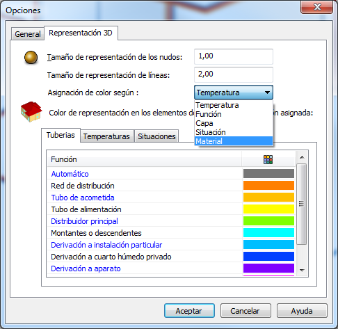 Opciones para dibujar las tuberías con un color asociado a su material