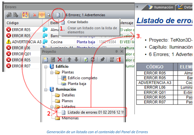 Listado generado desde el panel de errores
