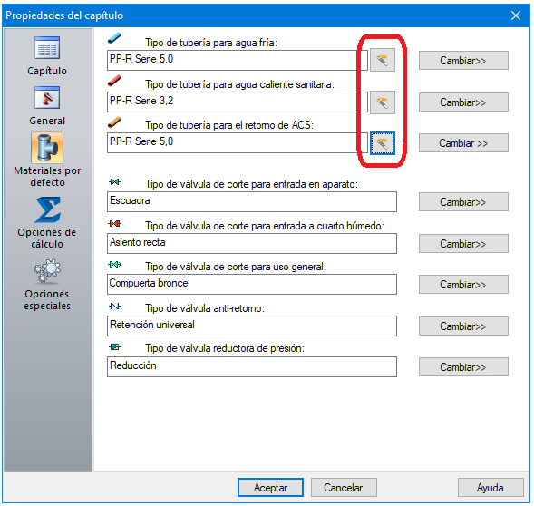Definición de materiales para las tuberías en los capítulos de hidráulica