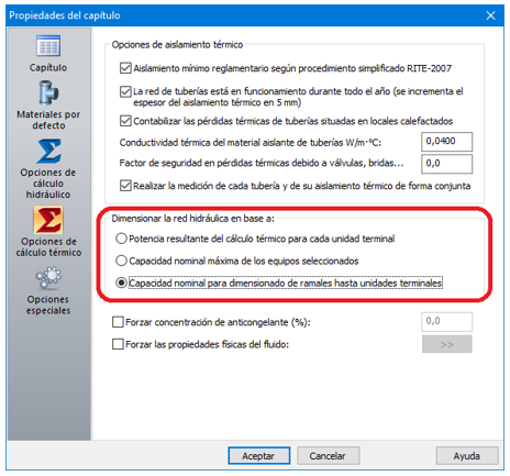 Opciones del cálculo térmico