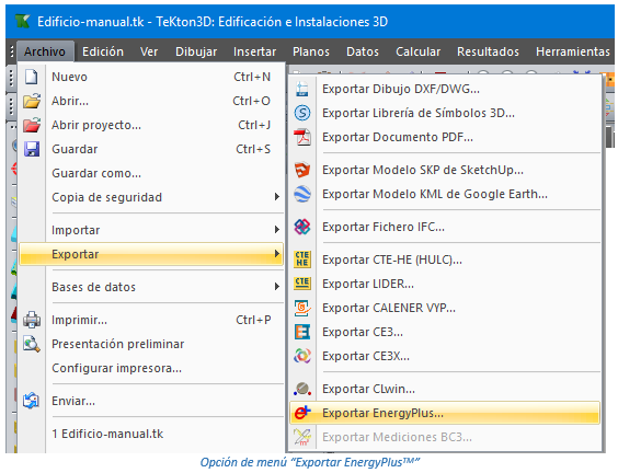 Opción de menu "Exportar a Energy Plus"