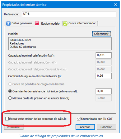 Cuadro de diálogo de propiedades de un emisor térmico