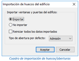 Cuadro de importación de huecos/aberturas