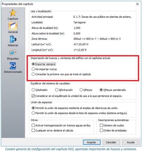 Cuadro general de configuración del capítulo HS3, apartado importación de huecos y ventanas.