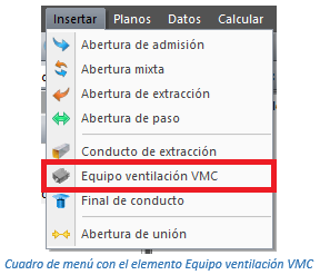 Cuadro de menú con el elemento Equipo ventilación VMC