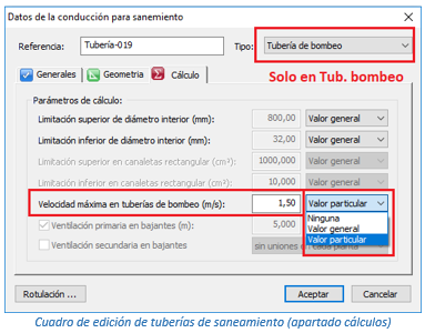 Cuadro de edición de tuberías de saneamiento (apartado cálculos)