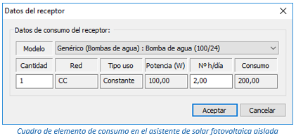 Cuadro de elemento de consumo en el asistente de solar fotovoltaica aislada