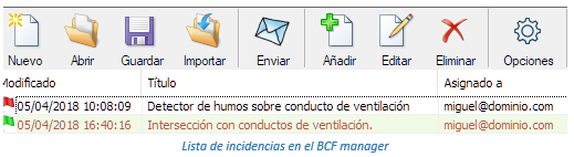 Lista de incidencias en el BCF manager