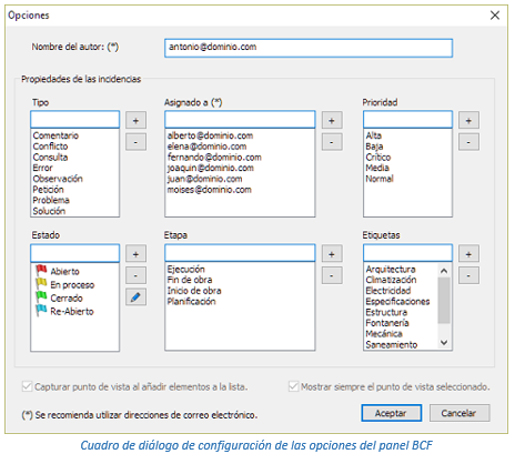 Cuadro de diálogo de configuración de las opciones del panel BCF