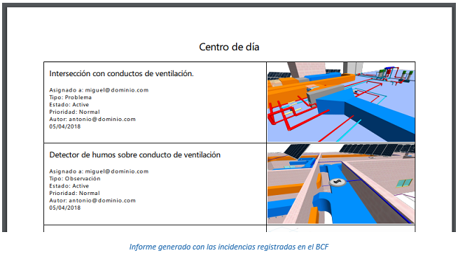 Informe generado con las incidencias registradas en el BCF