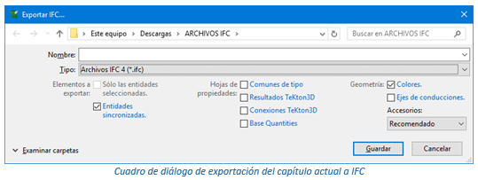 Cuadro de diálogo de exportación del capítulo actual a IFC