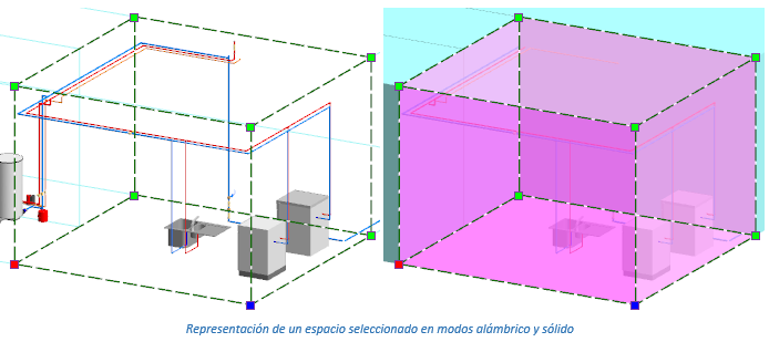 Representación de un espacio seleccionado en modos alámbrico y sólido