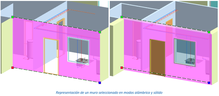 Representación de un muro seleccionado en modos alámbrico y sólido