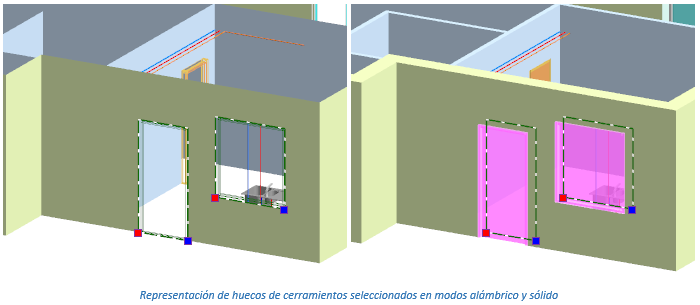 Representación de huecos de cerramientos seleccionados en modos alámbrico y sólido