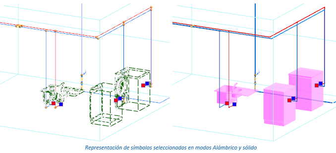 Representación de símbolos seleccionados en modos Alámbrico y sólido