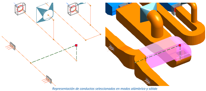 Representación de conductos seleccionados en modos alámbrico y sólido