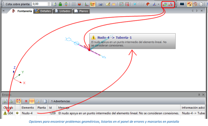 Opciones para encontrar problemas geométricos, listarlos en el panel de errores y marcarlos en pantalla