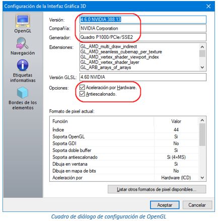 Cuadro de diálogo de configuración de OpenGL