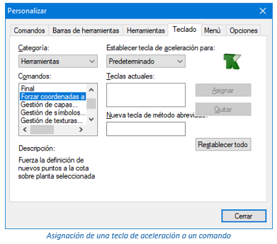 Asignación de una tecla de aceleración a un comando de TeKton3D