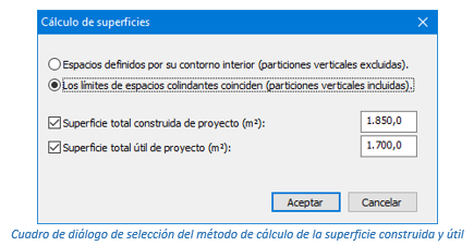 Cuadro de diálogo de selección del método de cálculo de la superficie construida y útil