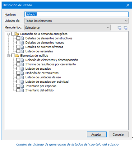 Cuadro de diálogo de generación de listados del capítulo del edificio