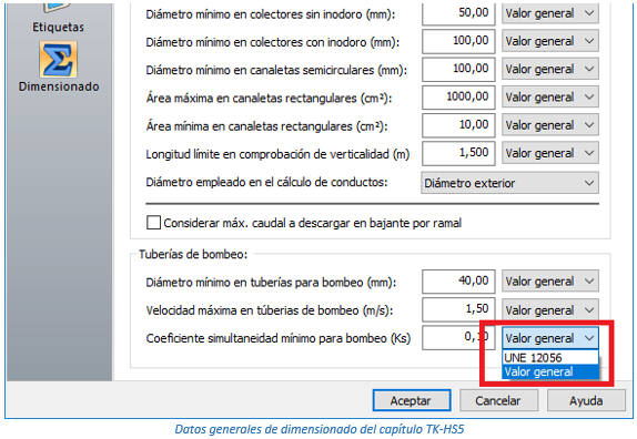 Datos generales de dimensionado del capítulo TK-HS5