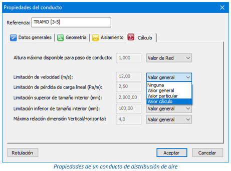 Propiedades de un conducto de distribución de aire