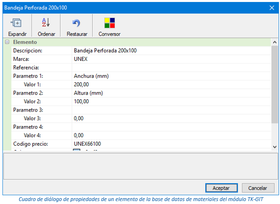 Cuadro de diálogo de propiedades de un elemento de la base de datos de materiales del módulo TK-GIT