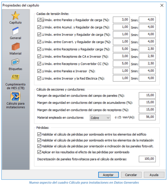 Nuevo aspecto del cuadro Cálculo para instalaciones en Datos Generales