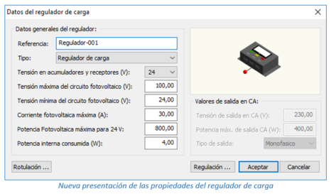 Propiedades del regulador de carga