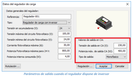 Datos del regulador de carga